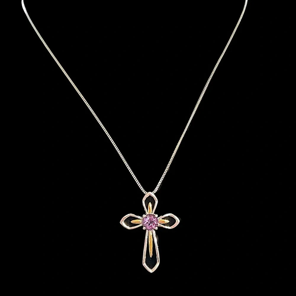 Vintage Sterling Silver Amethyst Cross Necklace Long Opera Length 30”